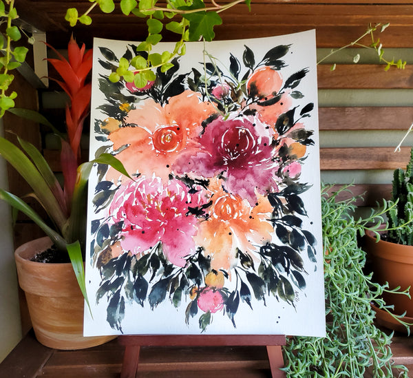 Bold Orange Pink Peonies Wall Art | Watercolor Print