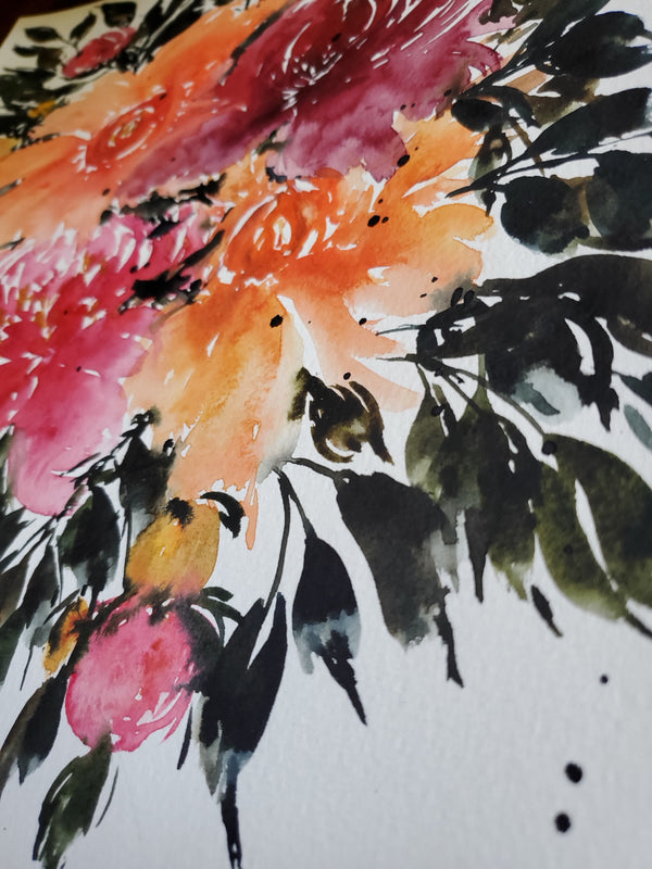 Bold Orange Pink Peonies Wall Art | Watercolor Print