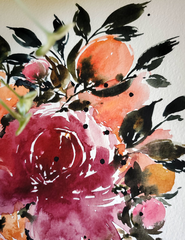 Bold Orange Pink Peonies Wall Art | Watercolor Print