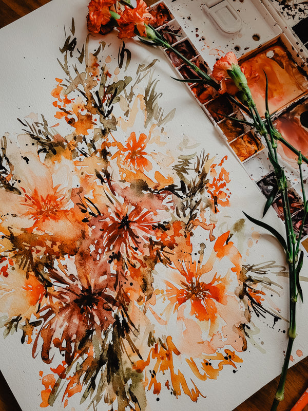 Colourful Sun Burst Expressive Florals Wall Art | Watercolor Print