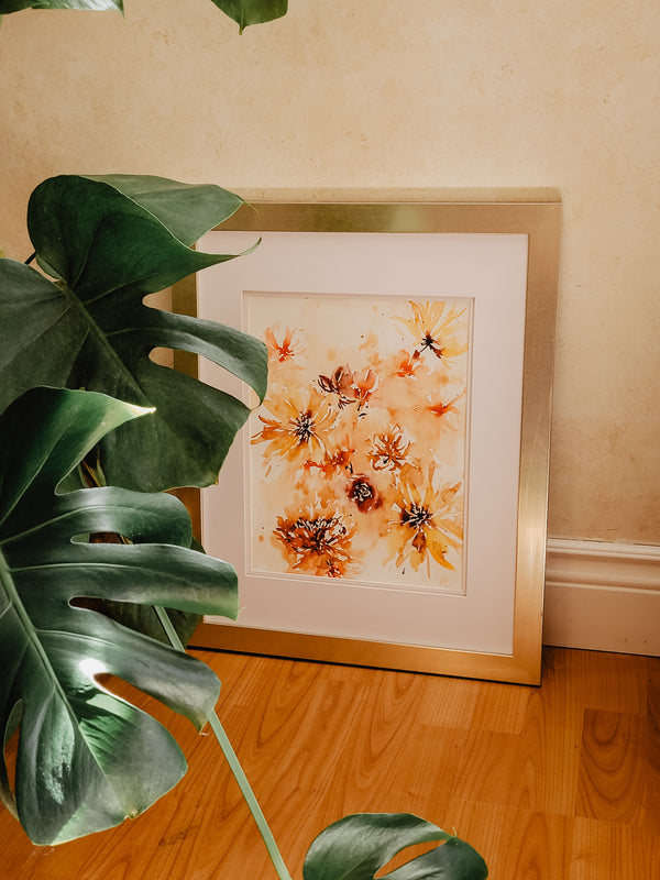 Yellow Sun Beams Expressive Florals Wall Art | Watercolor Print