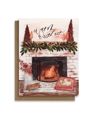 Warm Wishes | Cozy Fireplace Dog Christmas | Holiday Card