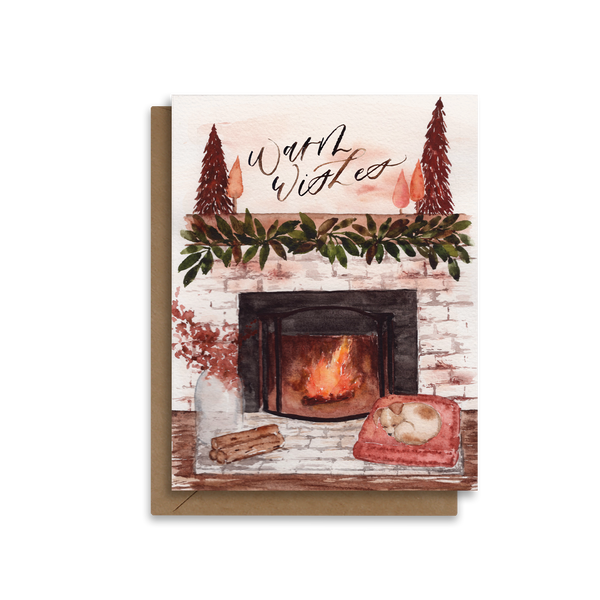 Warm Wishes | Cozy Fireplace Dog Christmas | Holiday Card