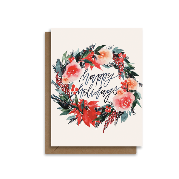 Happy Holidays | Poinsettia Wreath Greeting Card