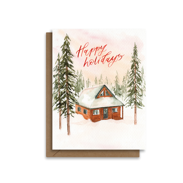 Happy Holidays | Winter Cabin Landscape | Christmas Card