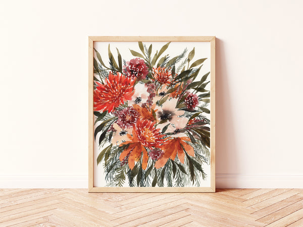 Red + Orange Wildflowers Wall Art | Watercolor Print