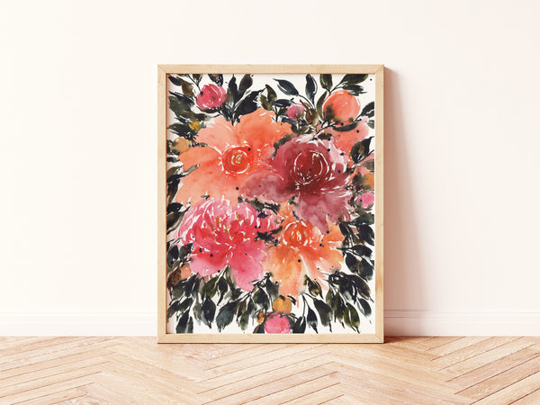 Bold Orange Pink Peonies Wall Art | Watercolor Print
