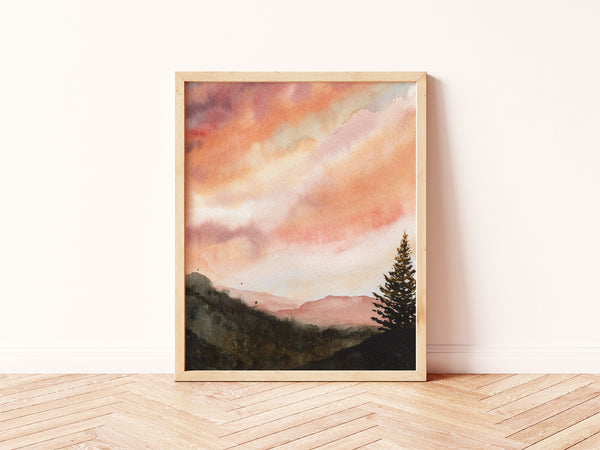 Great Smokey Mountains Sunset Wall Art | Watercolor Print