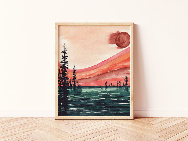 Abstract Retro Rainbow Lake Wall Art | Watercolor Print