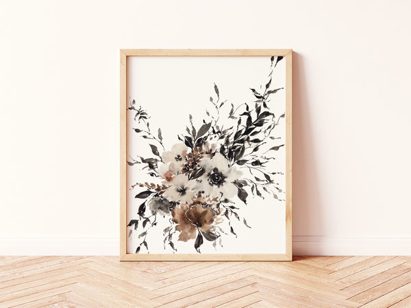 Black Brown Neutral Floral Wall Art | Watercolor Print