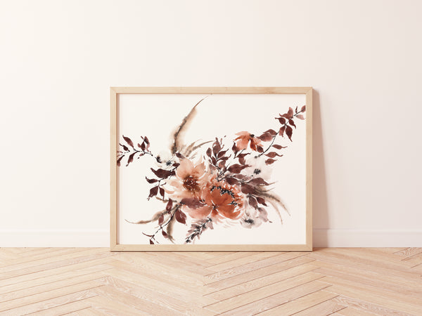 Burgundy Rust Dried Floral Wall Art | Watercolor Print