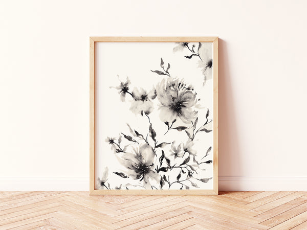 Minimalist Black + White Neutral Floral Wall Art | Watercolor Print