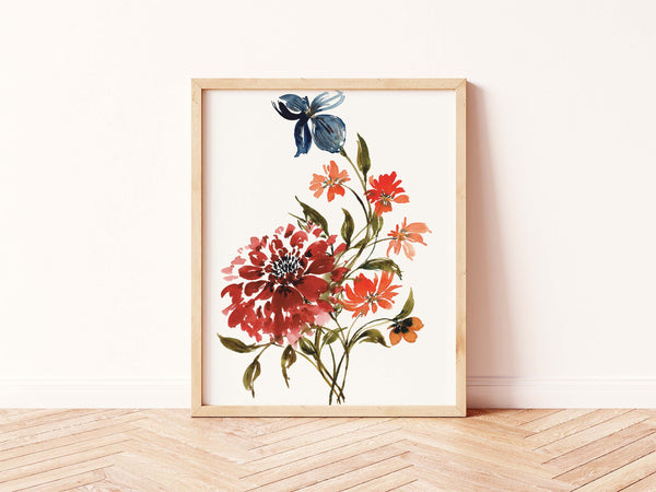 Red + Blue Vintage Botanical No. 1 Wall Art | Watercolor Print