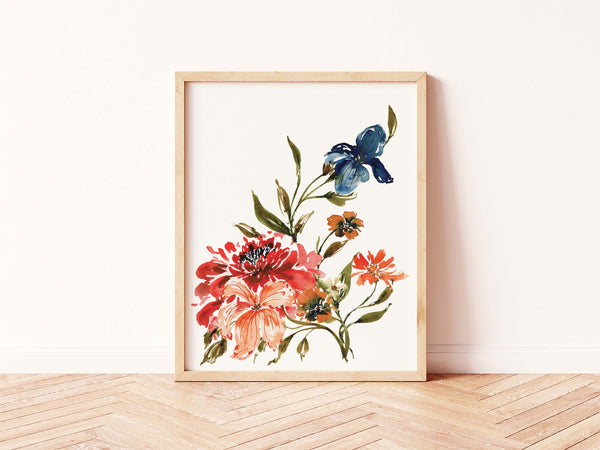 Red + Blue Vintage Botanical No. 2 Wall Art | Watercolor Print