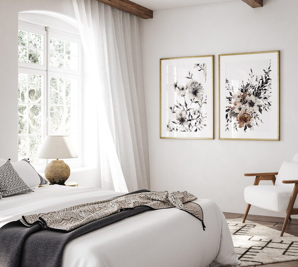 Black Brown Neutral Floral Wall Art | Watercolor Print