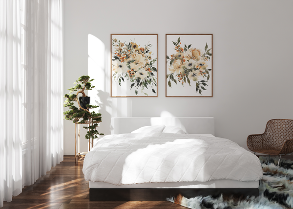 Set of Two Bohemian Beige & Rust Loose Florals Art Prints